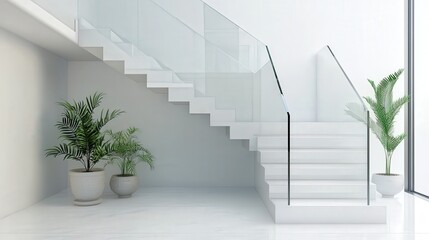 Wall Mural - A set of stairs in a minimalist home, featuring floating steps and glass railings. The design emphasizes simplicity and space