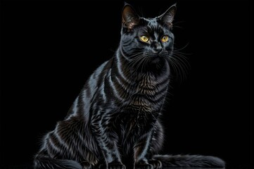 Wall Mural - A black cat with yellow eyes is sitting on a black surface