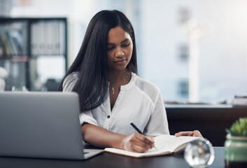 Poster - Woman, laptop and writing with notebook in office for administration, schedule planner and notes reminder. Girl, online and journal with agenda information, research ideas and to do list for proposal