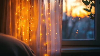 Poster - A strand of yellow-orange decorative lights drapes across a bedroom window, their soft glow filtering through the curtains.