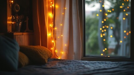 Poster - A strand of yellow-orange decorative lights drapes across a bedroom window, their soft glow filtering through the curtains.