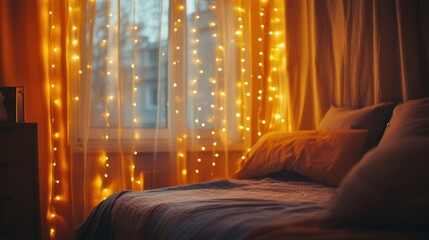 Poster - A strand of yellow-orange decorative lights drapes across a bedroom window, their soft glow filtering through the curtains.