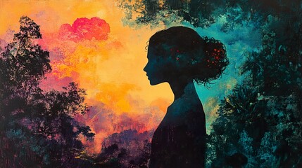 Canvas Print - Woman Silhouette in a Dreamy Sunset Landscape