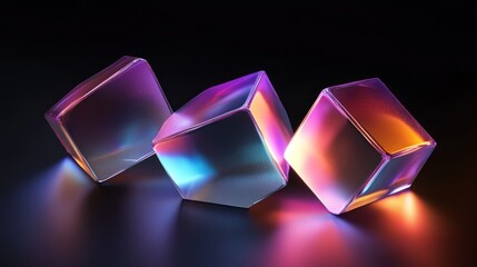 Poster - Three iridescent glass cubes glow brightly in the dark