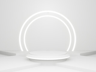 Wall Mural - 3D White background with white circle neon light