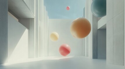 Poster - Colorful spheres float within a minimalist concrete structure