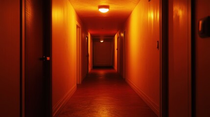 Aufkleber - Long dimly lit hallway with doors on either side
