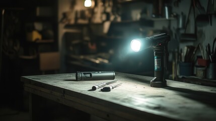 Poster - A torch with a focusable beam illuminating a workbench in a dimly lit garage.
