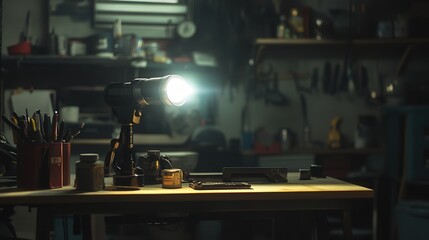 Poster - A torch with a focusable beam illuminating a workbench in a dimly lit garage.