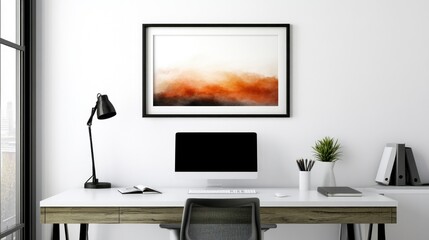 Poster - Modern minimalist workspace with orange abstract art