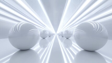 Poster - White spheres align in a futuristic glowing corridor