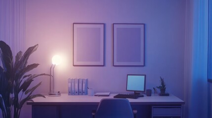 Aufkleber - Modern minimalist home office workspace at night