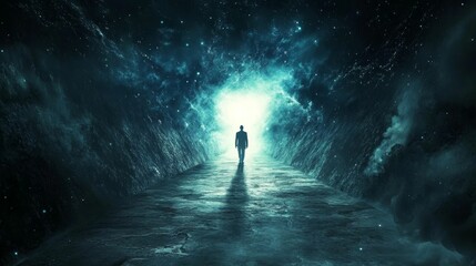 Poster - Figure walks path toward bright, cosmic expanse.