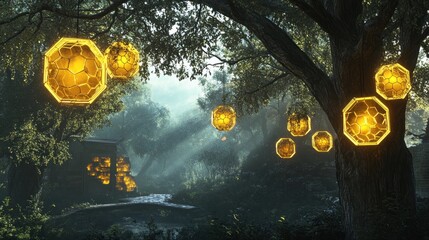 Poster - Enchanting Golden Lanterns Illuminate A Mystical Forest Path