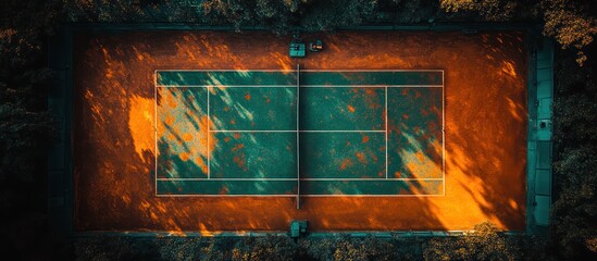 Wall Mural - Aerial view of a tennis court at sunset, showing the court lines and the surrounding trees.