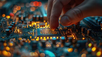 Poster - A hand delicately touches a glowing computer chip on a circuit board.