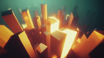 Poster - Abstract Orange Cityscape Glowing Light Pillars