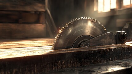 Poster - An electric circular saw cutting through a thick plank of wood in a workshop.