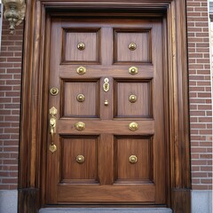 Wall Mural - Sturdy wooden door framed by brick, with brass hardware and a refined bevelled edge.