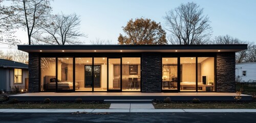 Wall Mural - Large glass doors and a dark stone facade characterize this minimalist manufactured home.