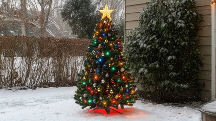 Wall Mural - An outdoor Christmas tree decorated with colorful lights, baubles, and a shiny star at the top.