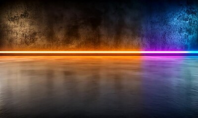 Wall Mural - A modern, illuminated wall with colorful neon lights and a concrete floor.