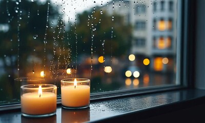 Canvas Print - Cozy candles on a windowsill with rain-soaked glass and blurred lights.