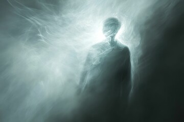 Poster - Glowing, ethereal figure emerges from smoky mist.