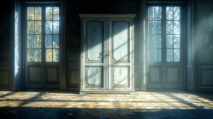 Poster - Serene Abandoned Room With Vintage Wardrobe Bathing in Natural Light Through Large Windows