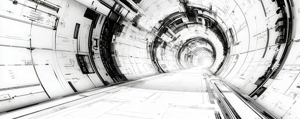 Poster - Futuristic tunnel with intricate lines and digital patterns, showcasing a bright light at the end, representing technology and progress in a sci-fi environment