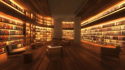 Poster - Warmly Lit Library With Curving Bookshelves And Seating