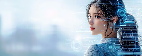 Poster - Woman with futuristic technology interface, digital graphics, and cybernetic elements, highlighting innovation, beauty, and modernity in a serene environment