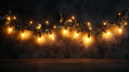 Poster - Christmas garland lights in warm gold shine brightly over a dark background. The lights are enhanced by a glittering overlay,