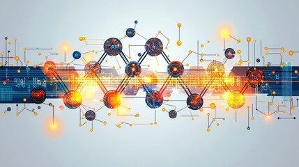 Poster - Abstract visualization of digital connections with glowing nodes and data streams in vibrant colors representing technology and innovation in a futuristic design