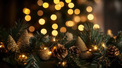 Poster - Christmas gold garland lights twinkle over a dark background, creating a stunning display of warmth.