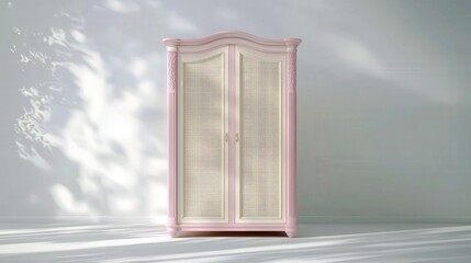 Poster - Elegant vintage wardrobe with a traditional design featuring light pink finish and intricate details against a clean and serene backdrop
