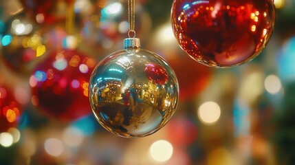 Poster - Christmas tree ornaments, including shiny red and gold balls, hanging in focus against an out-of-focus background of colorful lights and festive decorations.