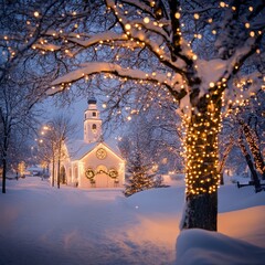 Poster - Christmas garland lights in warm gold shine brightly over a dark background.