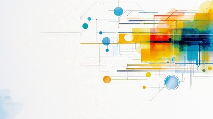 Poster - Abstract Colorful Design with Geometric Shapes and Lines in Bright Yellow, Blue, and Orange on a Minimalist Background
