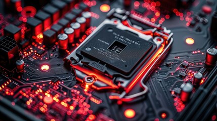 Poster - Close-up of a computer motherboard with CPU illuminated in red.