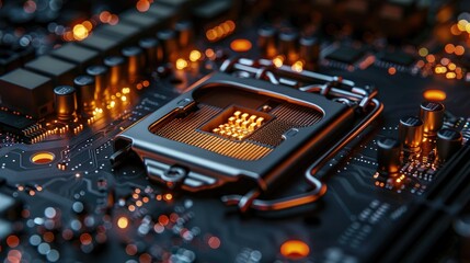 Poster - Close-up of a computer processor on a circuit board, with glowing components.