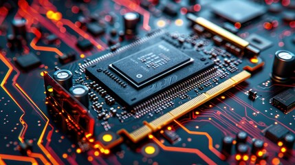 Poster - Close-up of a computer processor on a circuit board with glowing red traces.