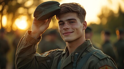 Poster - A young man in a military uniform is smiling and holding his hat up to the sun