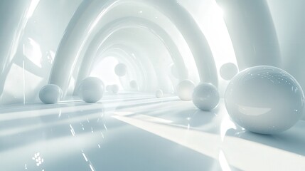 Poster - Create a peaceful 3D environment with a bright white background where abstract shapes float gracefully, each bathed in soft, ambient light.