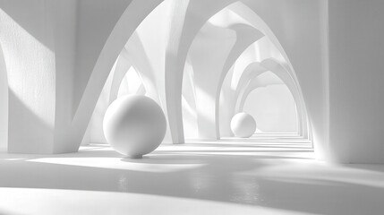 Poster - Create a peaceful 3D environment with a bright white background where abstract shapes float gracefully, each bathed in soft, ambient light.