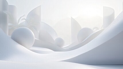 Poster - Create a peaceful 3D environment with a bright white background where abstract shapes float gracefully, each bathed in soft, ambient light.