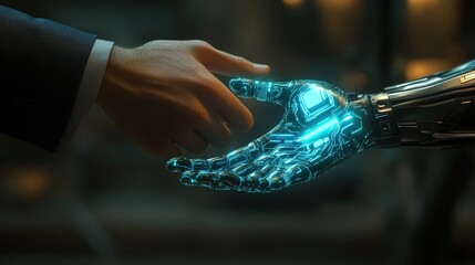 Poster - create a photorealistic image of a professional handshake between a businessman and a futuristic ava
