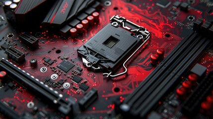 Poster - Close-up of a red and black computer motherboard with CPU socket.