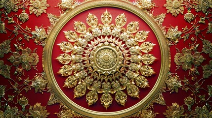 Poster - Intricate Gold Leaf Mandala Design on Red Background, Ornate Floral Patterns and Decorative Elements, Luxurious Baroque Style Artwork