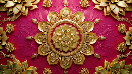 Poster - Elegant Golden Floral Motif on Vibrant Pink Background with Intricate Patterns, Perfect for Decorative and Artistic Designs in Various Contexts